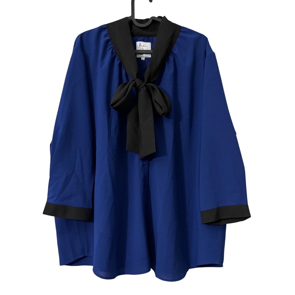 The Shirt Rochelle Behrens Blue Black Self Tie Long Sleeve Blouse Large NEW